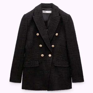 Zara Double Breasted Textured Weave Jacket Black Blazer Size XS Balmain Style